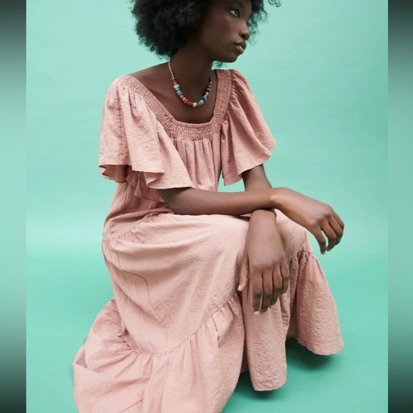 Zara Dresses & Skirts - Zara NWOT Pink Off Shoulder Midi Dress Light Ruffle Tiered XS Low Back Stretch